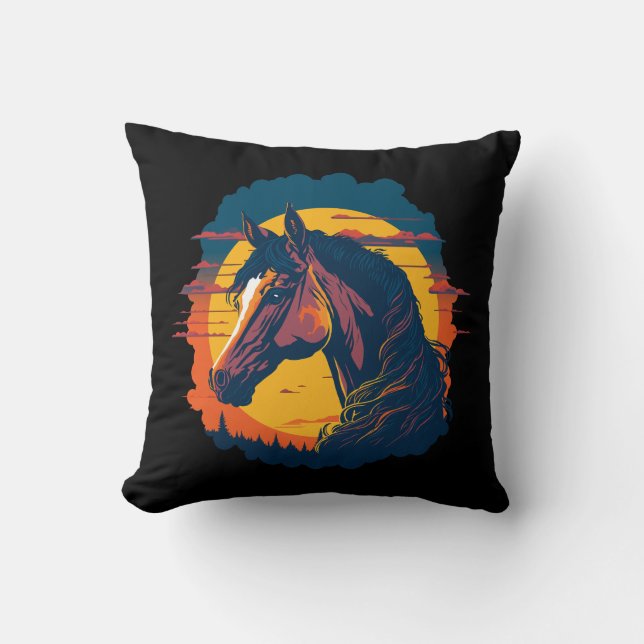 Retro Sunset And Horse Head Throw Pillow (Front)