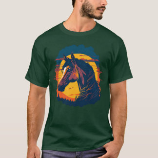 Retro Sunset And Portrait Of Horse funny T-Shirt