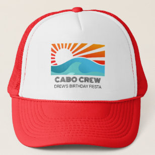 Retro Sunset Beach Custom Text Birthday Party Crew Trucker Hat