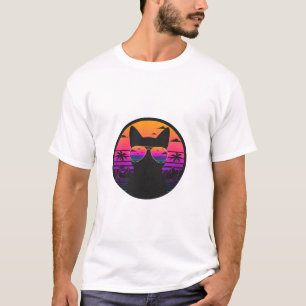 Retro Sunset Cat Aviator Sunglasses Vaporwave  T-Shirt