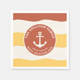 Retro Sunset Coral Anchor Family Vacation Badge Napkin