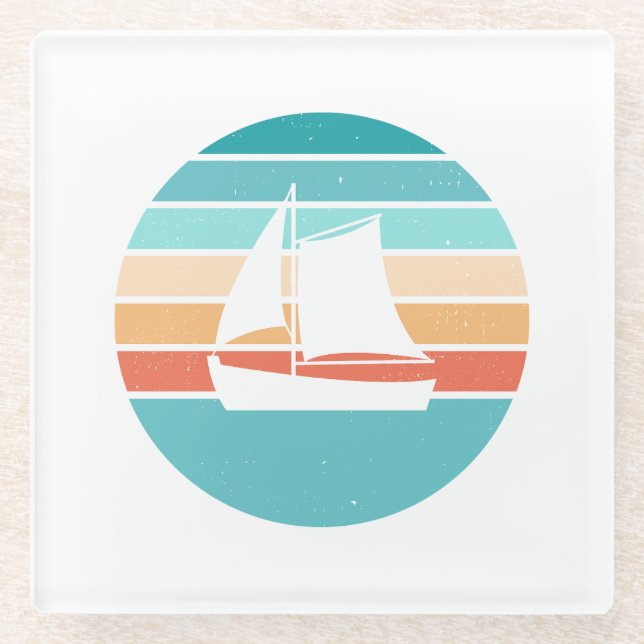 Retro Sunset Distressed Effect + Sailboat Glass Coaster (Front)