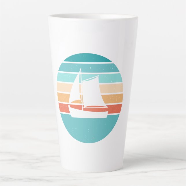 Retro Sunset Distressed Effect + Sailboat Latte Mug (Front)