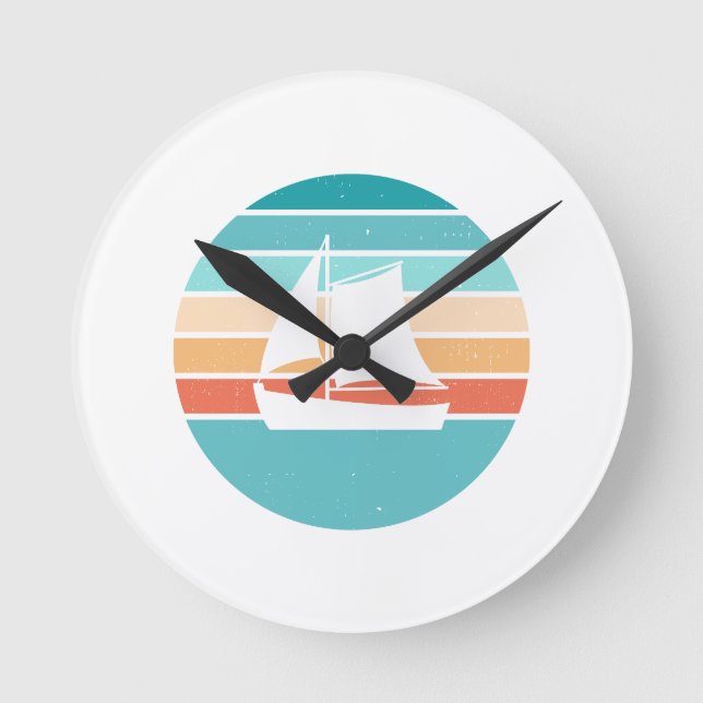 Retro Sunset Distressed Effect + Sailboat Round Clock (Front)