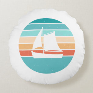 Retro Sunset Distressed Effect + Sailboat Round Pillow