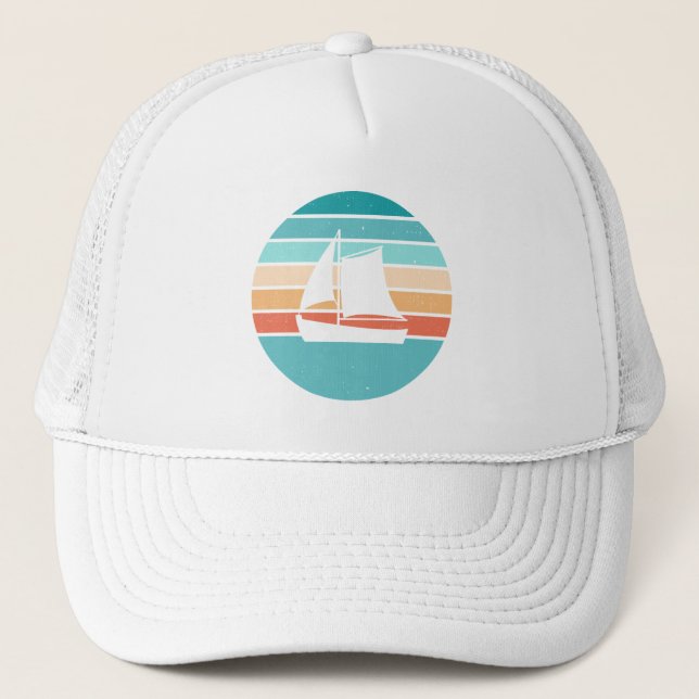 Retro Sunset Distressed Effect + Sailboat Trucker Hat (Front)