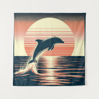 Retro Sunset Dolphin Leap Tapestry