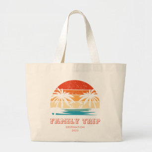 Retro sunset Family trip Beach Palm Tree Matching Large Tote Bag