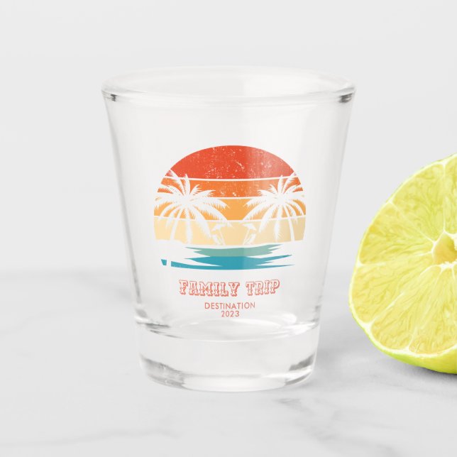 Retro sunset Family trip Beach Palm Tree Matching Shot Glass (Front)