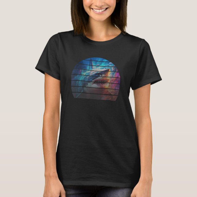 Retro sunset fierce great white shark ocean deep s T-Shirt (Front)