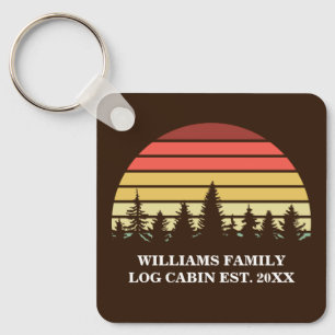 Retro Sunset Forest Custom Log Cabin Brown Keychain