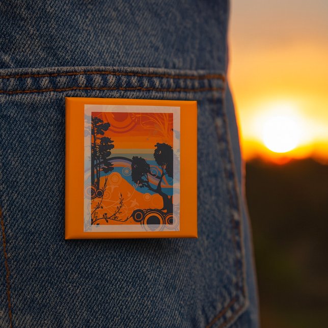 Retro Sunset Forest Landscape Abstract 2 Inch Square Button (Creator Uploaded)