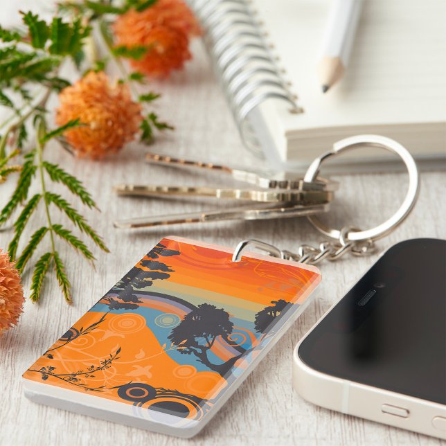 Retro Sunset Forest Landscape Abstract Keychain (Creator Uploaded)