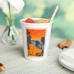 Retro Sunset Forest Landscape Abstract Paper Cups
