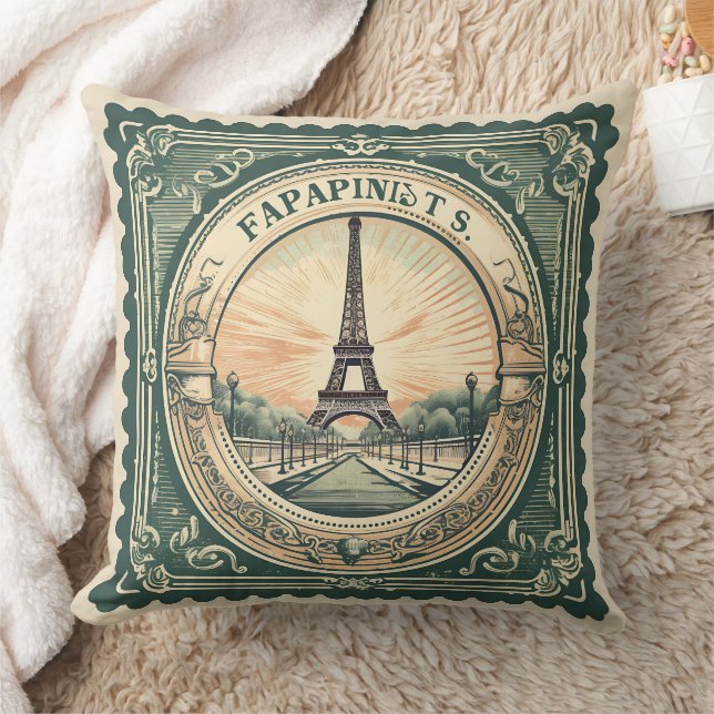 Retro Sunset French Eifel Tower Paris France Green Throw Pillow (Blanket)