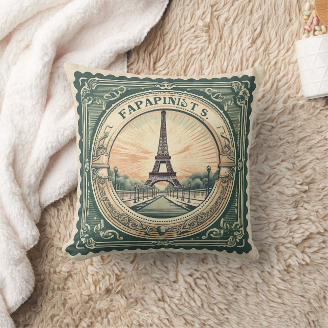 Retro Sunset French Eifel Tower Paris France Green Throw Pillow (Blanket)