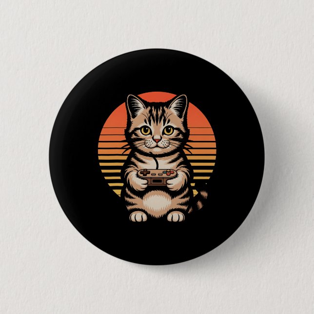 Retro Sunset Gamer Cat Gamepad Kitten Playing Vide 2 Inch Round Button (Front)