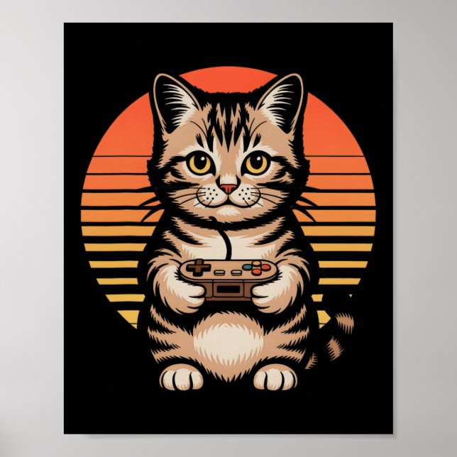 Retro Sunset Gamer Cat Gamepad Kitten Playing Vide Poster (Front)