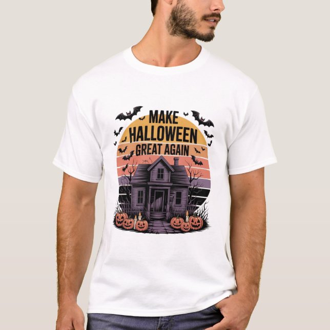 Retro Sunset Halloween Artwork – Creepy Haunted T-Shirt (Front)