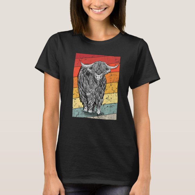 Retro Sunset Highland Cows Women Girls Cow T-Shirt (Front)