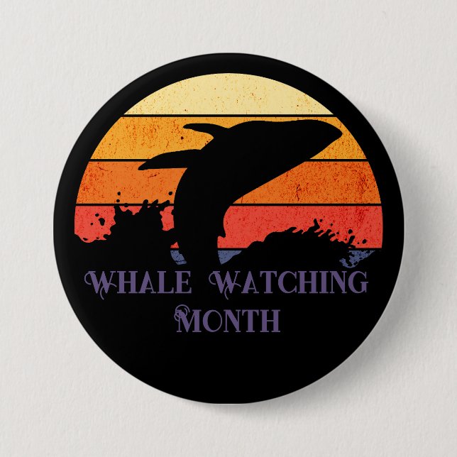 Retro Sunset Humpback Whale Breaching 3 Inch Round Button (Front)