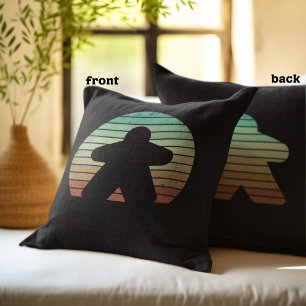 Retro Sunset Meeple Board Game Lover Pastel Black Throw Pillow