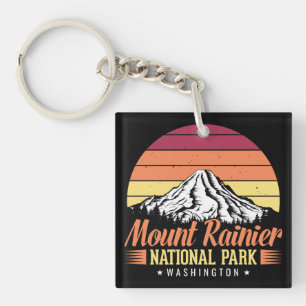 Retro Sunset Mount Rainier Washington Illustration Keychain