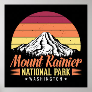 Retro Sunset Mount Rainier Washington Illustration Poster