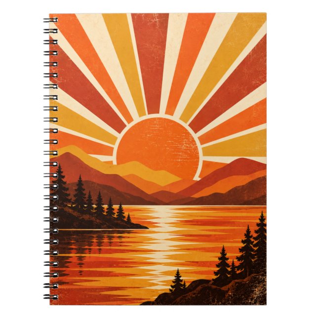 Retro Sunset Mountain Lake Notebook (Front)