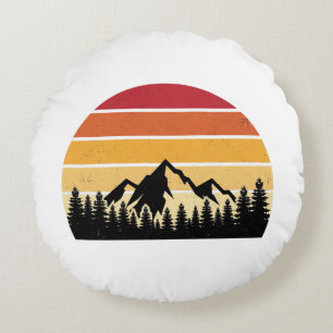 Retro Sunset Mountain Landscape Vintage Nature Round Pillow