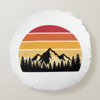 Retro Sunset Mountain Landscape | Vintage Nature Round Pillow