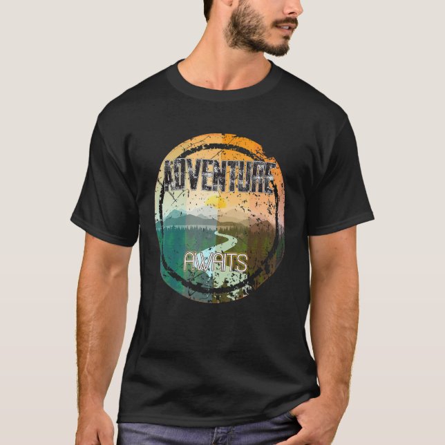 Retro Sunset Natural Lake Mountain Adventure Await T-Shirt (Front)