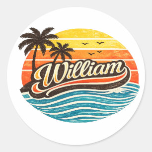 Retro Sunset Palm Tree Name Art – William Classic Round Sticker