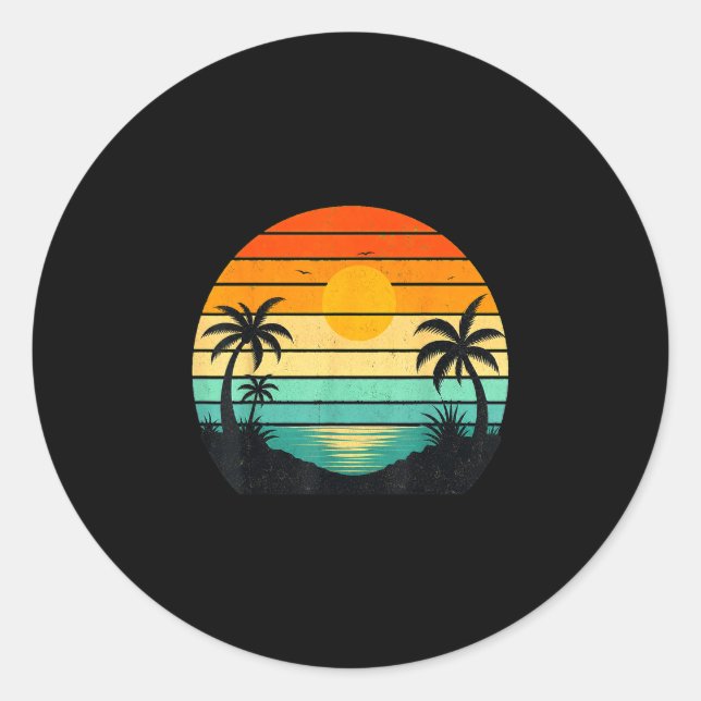 Retro sunset palm trees graphic design  classic round sticker (Front)