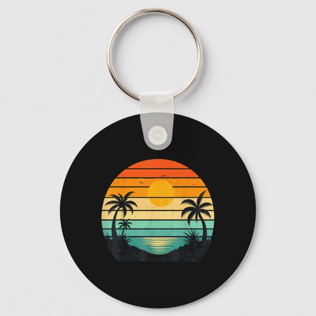 Retro Sunset Palm Trees Graphic Design Keychain (Front)