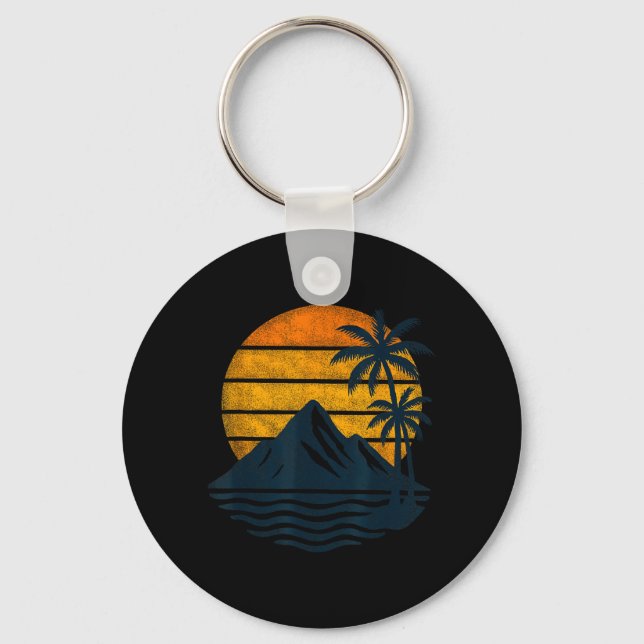 Retro Sunset Palm Trees Mountains Sea Beach Keychain (Front)