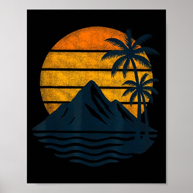 Retro Sunset Palm Trees Mountains Sea Beach Poster (Front)