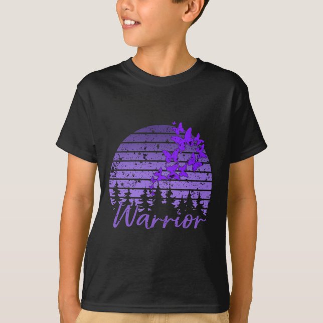Retro Sunset Purple Butterfly Fibro Lupus Warrior  T-Shirt (Front)