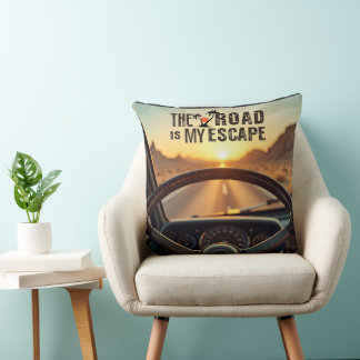 Retro Sunset Road Trip – The Road is My Escape Throw Pillow