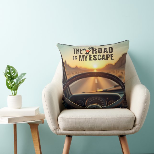 Retro Sunset Road Trip – The Road is My Escape Throw Pillow (Chair)