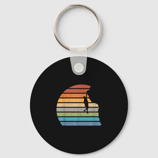 Retro sunset rock climbing backpacker mountain keychain (Front)