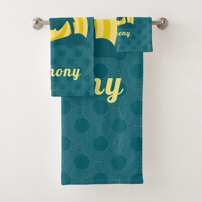 Retro Sunset Skateboarding Theme Custom Name Teal  Bath Towel Set (Insitu)