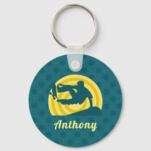 Retro Sunset Skateboarding Theme Custom Name Teal  Keychain