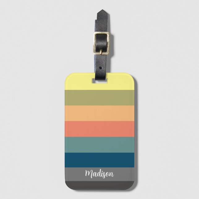Retro Sunset Stripes with Script Name Luggage Tag (Front Vertical)