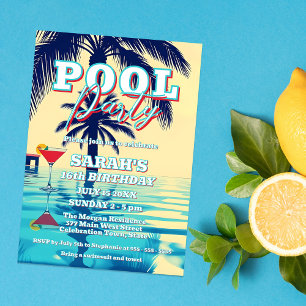Retro Sunset Summer Pool Party Sweet 16 Birthday Invitation