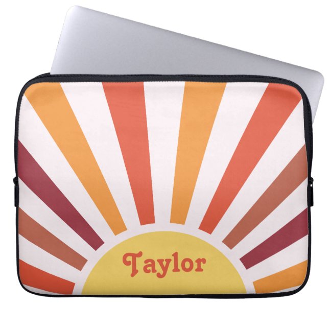 Retro Sunset Sun Rays Personalized Name Laptop Sleeve (Front)