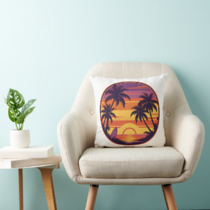 Retro Sunset & Surf Vibes Throw Pillow