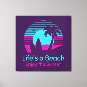 Retro Sunset Surfboard Palm Tree Life's a Beach Canvas Print