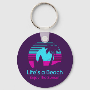 Retro Sunset Surfboard Palm Tree Life's a Beach Keychain