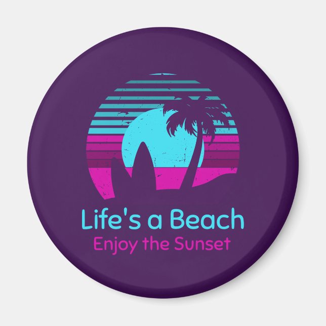 Retro Sunset Surfboard Palm Tree Life's a Beach Magnet (Front)